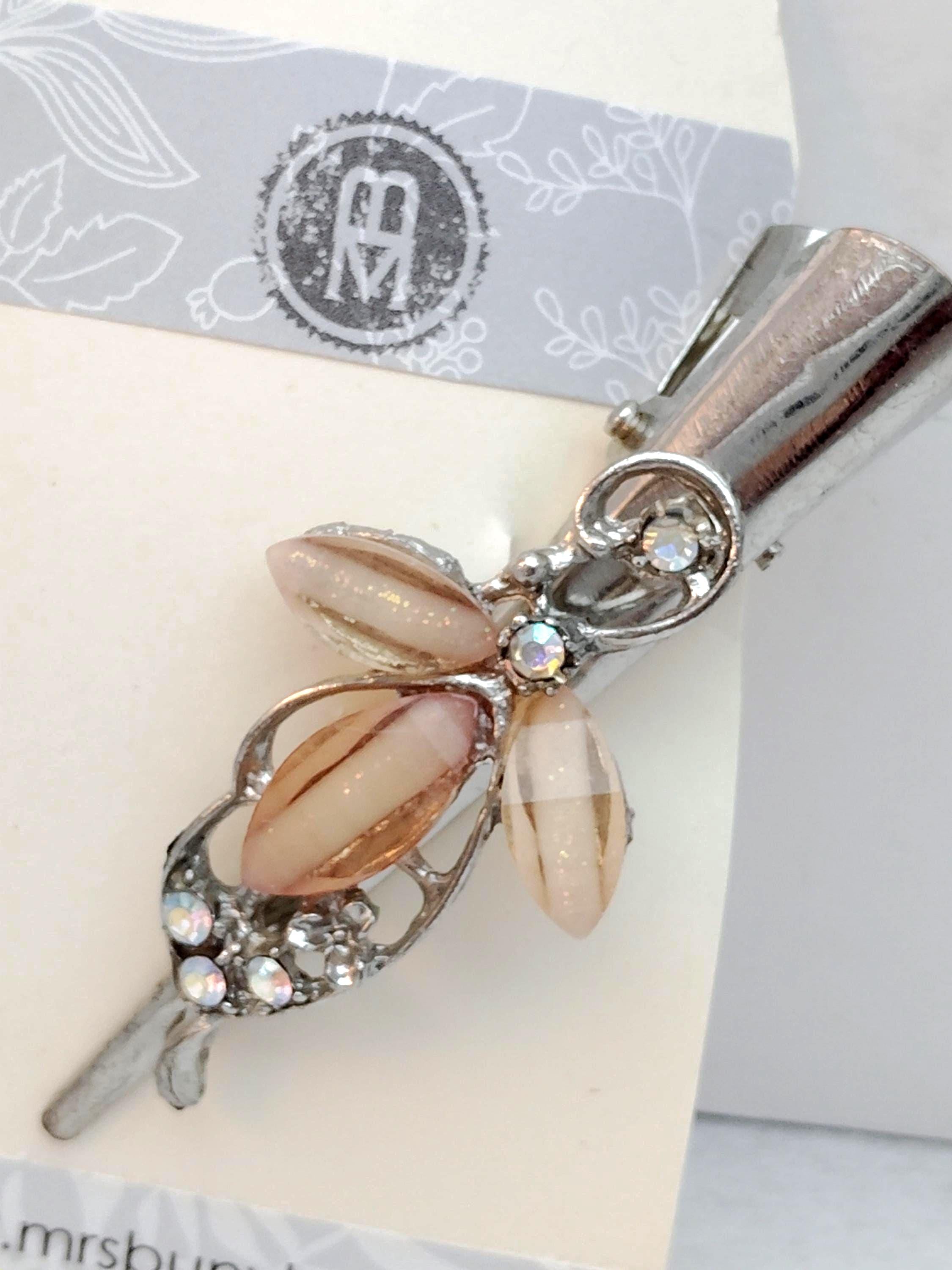 VINTAGE Champagne crystal Flower Hair Clip metal